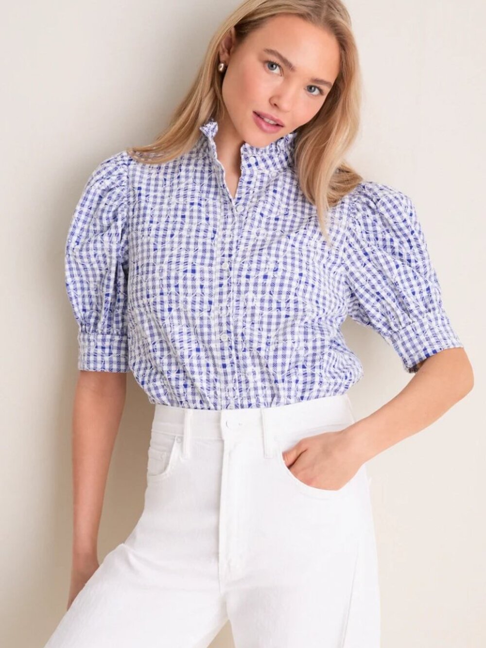 Tuckernuck Hyacinth House Blue Embroidered Gingham Louisa Blouse – Size Large